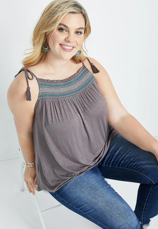 Women Plus Size Gray Embroidered Tie Strap Tank Top Maurices Plus Tops
