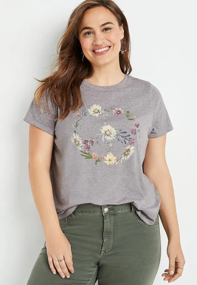 Women Plus Size Gray Wildflower Peace Sign Graphic Tee Maurices Plus Tops