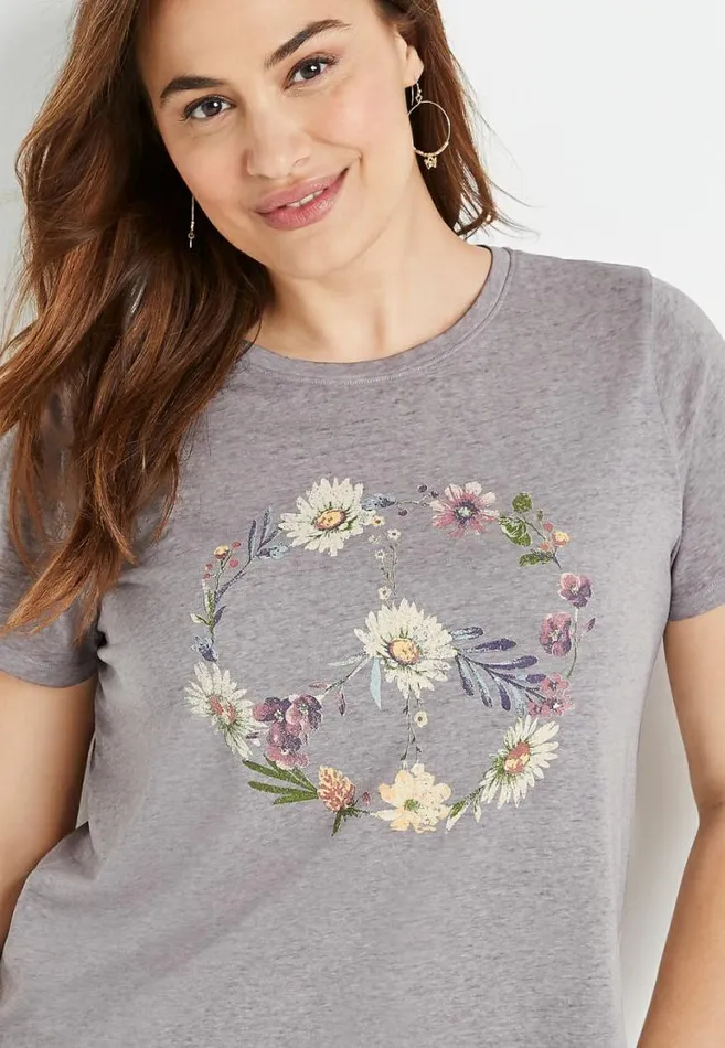Women Plus Size Gray Wildflower Peace Sign Graphic Tee Maurices Plus Tops