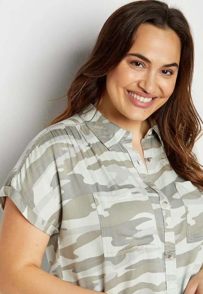 Women Plus Size Green Camo Short Sleeve Utility Button Down Shirt Maurices Plus Tops
