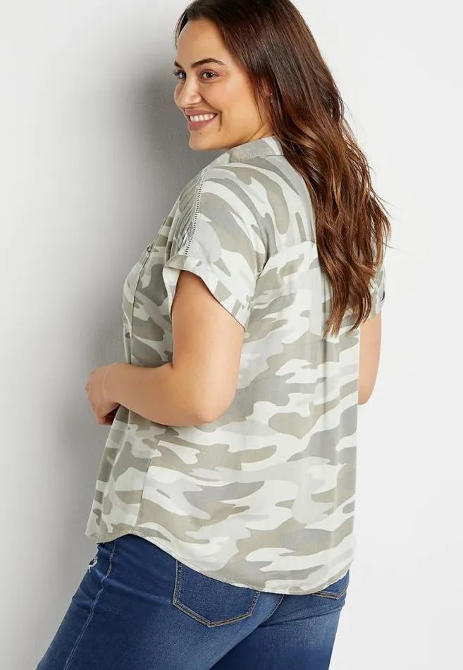 Women Plus Size Green Camo Short Sleeve Utility Button Down Shirt Maurices Plus Tops