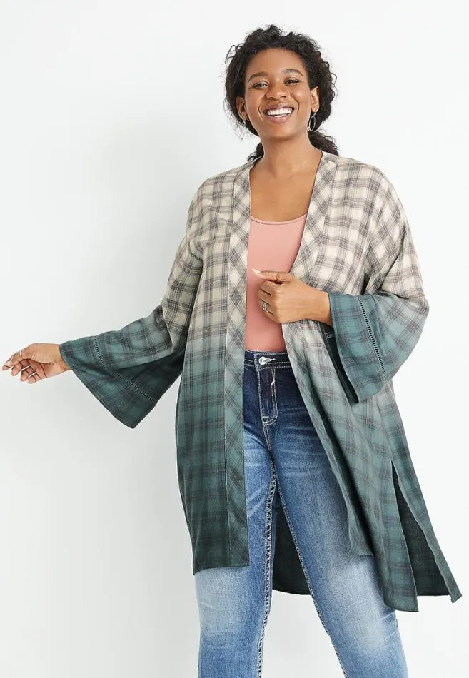Women Plus Size Grey Plaid Duster Kimono Maurices Plus Tops