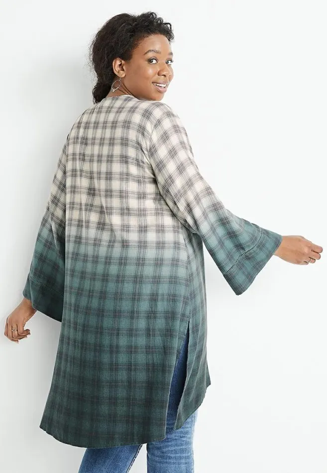Women Plus Size Grey Plaid Duster Kimono Maurices Plus Tops
