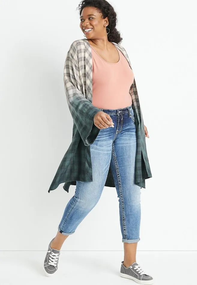 Women Plus Size Grey Plaid Duster Kimono Maurices Plus Tops