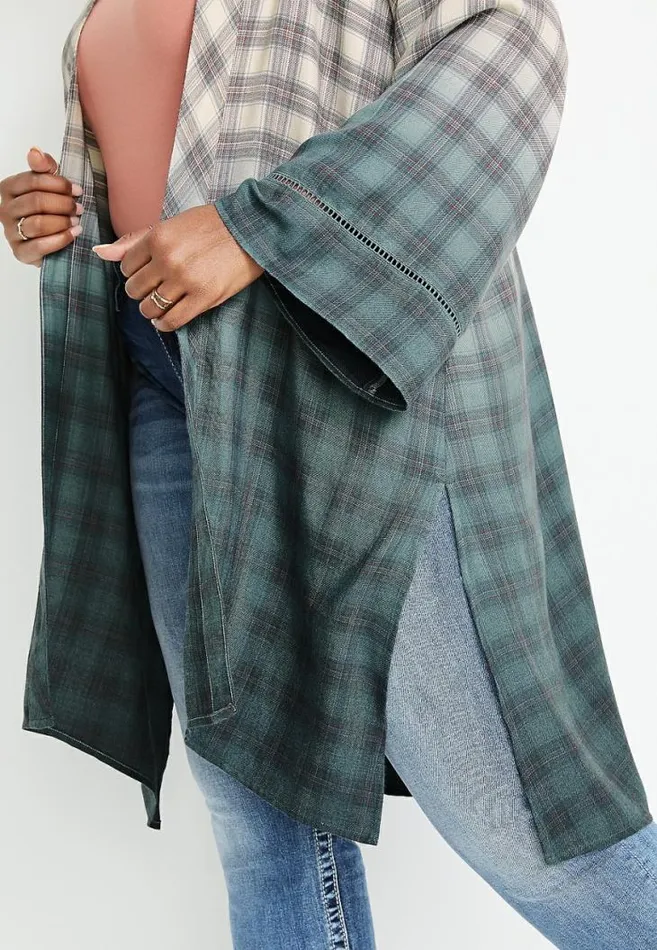 Women Plus Size Grey Plaid Duster Kimono Maurices Plus Tops