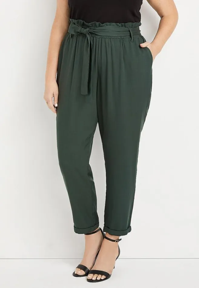 Women Plus Size High Rise Green Tie Waist Ankle Pant Maurices Plus Bottoms