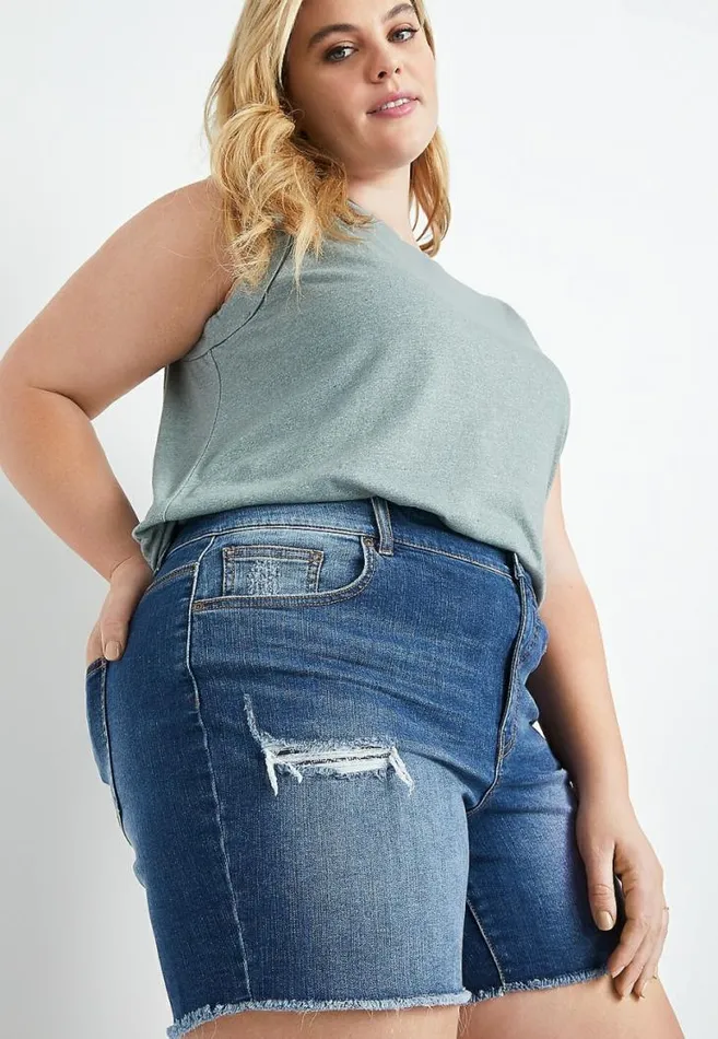 Women Plus Size High Rise Medium Wash Bandana Backed Ripped 6In Short Maurices Plus Bottoms