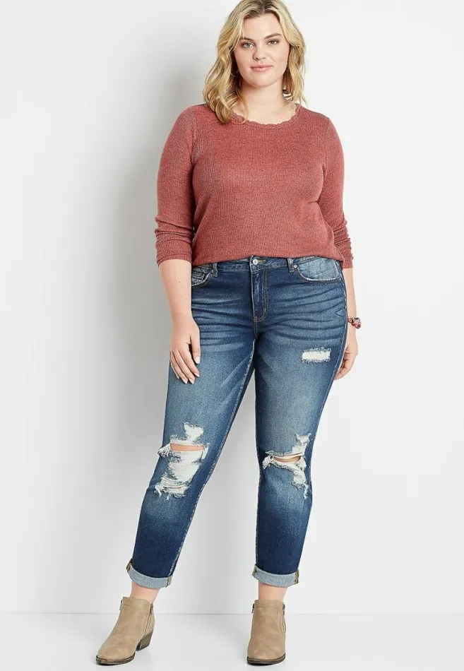 Women Plus Size Kancan High Rise Dark Destructed Boyfriend Jean Maurices Plus Jeans