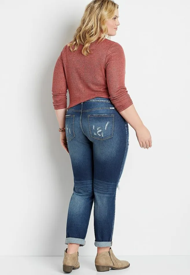 Women Plus Size Kancan High Rise Dark Destructed Boyfriend Jean Maurices Plus Jeans