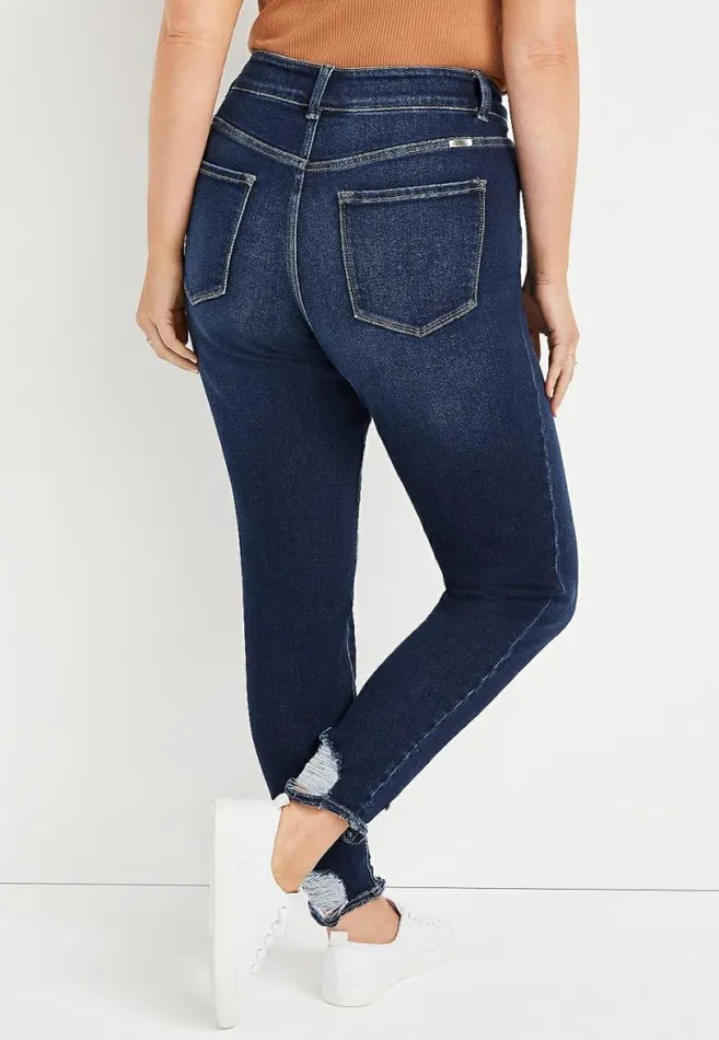 Women Plus Size Kancan High Rise Dark Ripped Hem Button Fly Skinny Jean Maurices Plus Jeans