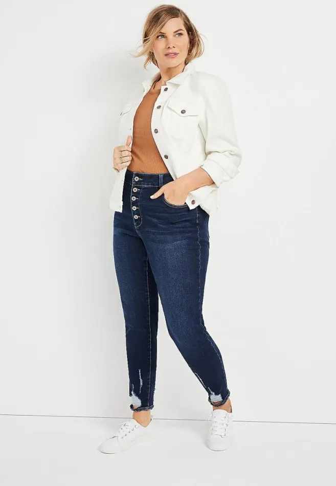 Women Plus Size Kancan High Rise Dark Ripped Hem Button Fly Skinny Jean Maurices Plus Jeans