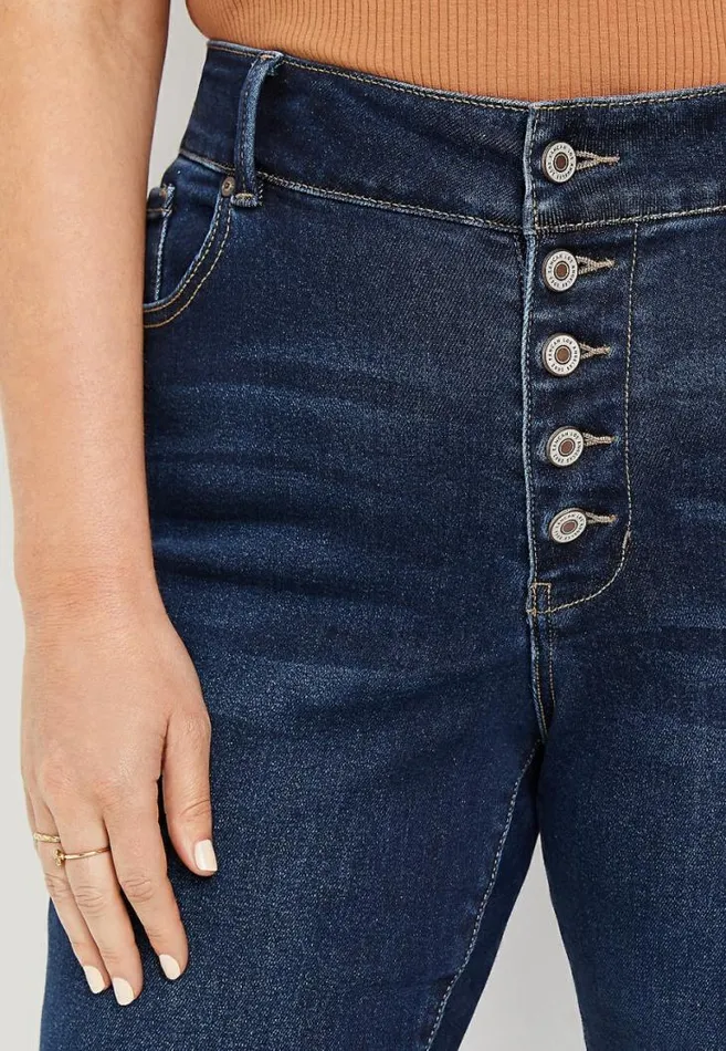 Women Plus Size Kancan High Rise Dark Ripped Hem Button Fly Skinny Jean Maurices Plus Jeans