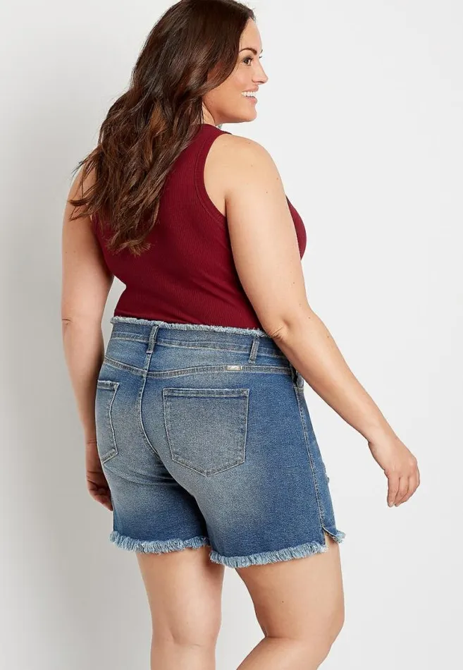 Women Plus Size Kancan High Rise Destructed Frayed Button Fly 6In Short Maurices Plus Bottoms