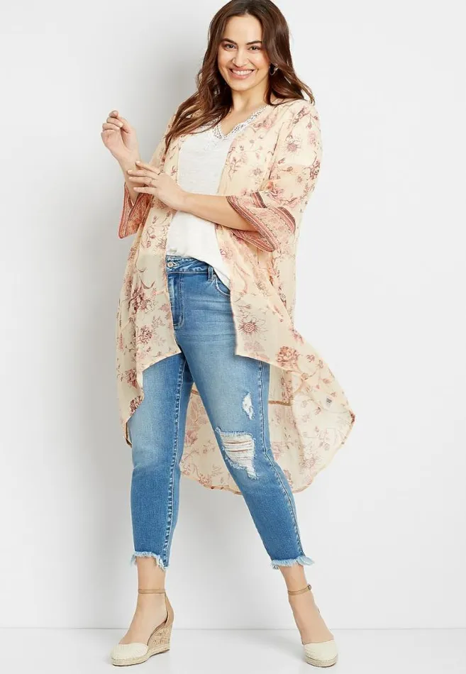 Women Plus Size Light Pink Floral Bell Sleeve Kimono Maurices Plus Tops