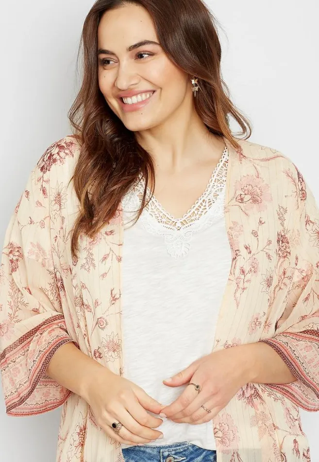 Women Plus Size Light Pink Floral Bell Sleeve Kimono Maurices Plus Tops