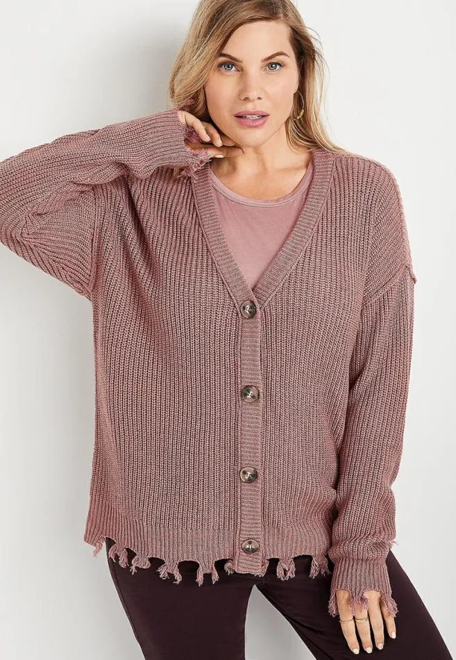 Women Plus Size Pink Distressed Hem Cardigan Maurices Plus Tops