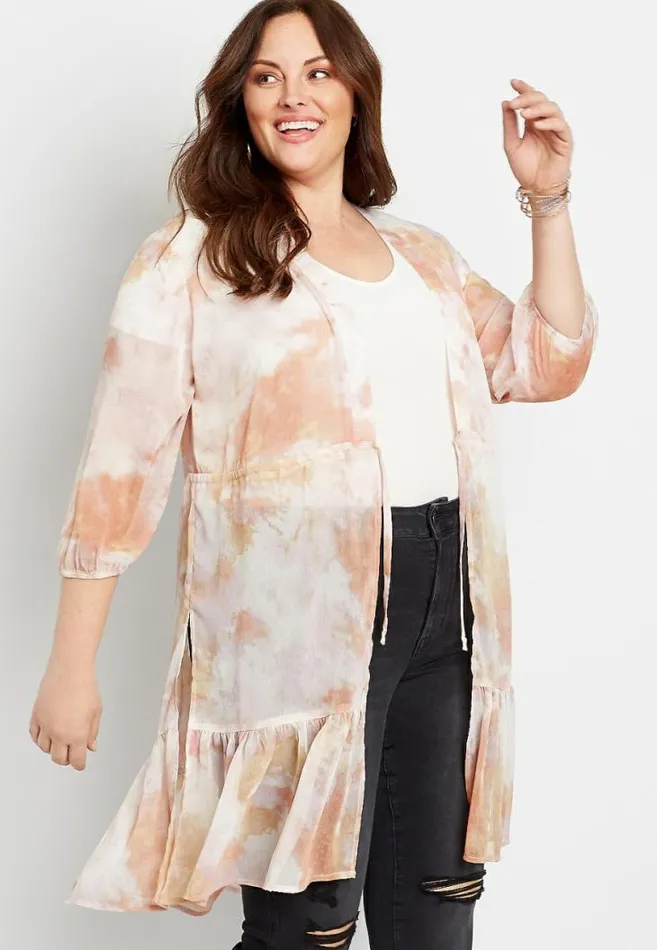 Women Plus Size Pink Tie Dye Tie Waist Kimono Maurices Plus Tops