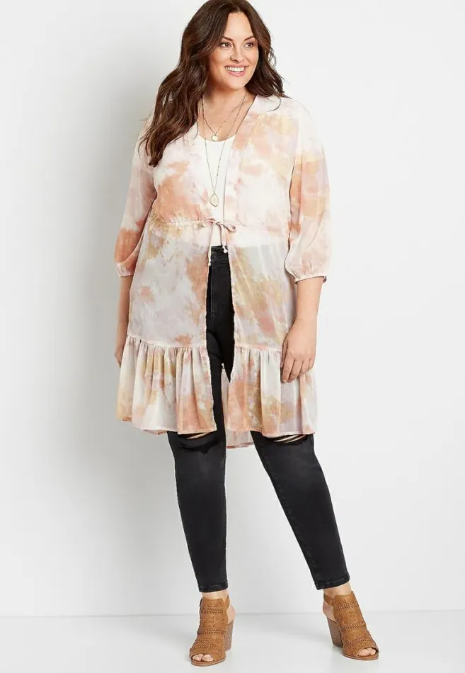 Women Plus Size Pink Tie Dye Tie Waist Kimono Maurices Plus Tops