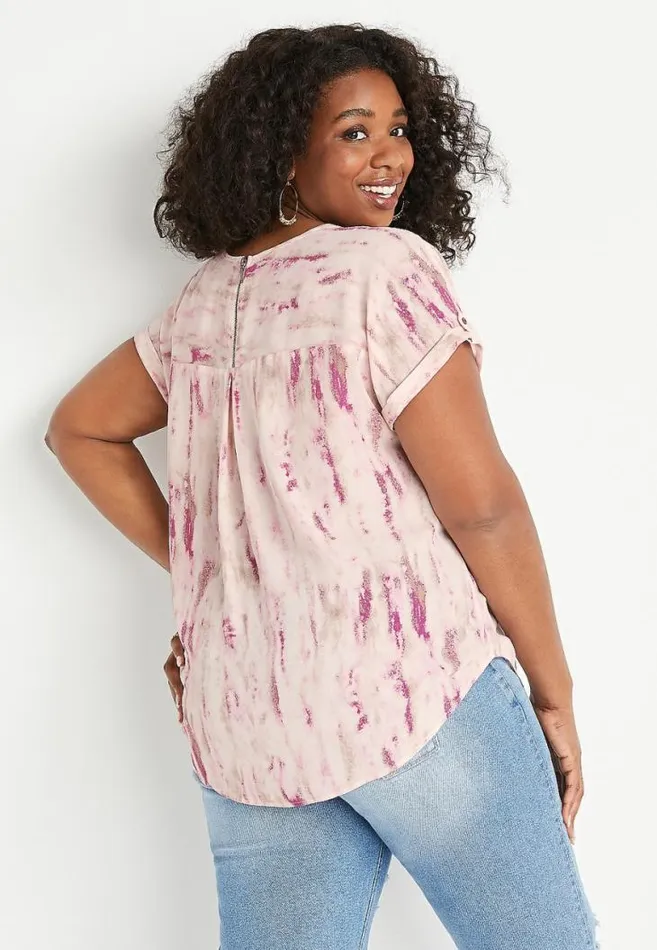 Women Plus Size Pink Tie Dye Zipper Back Blouse Maurices Plus Tops