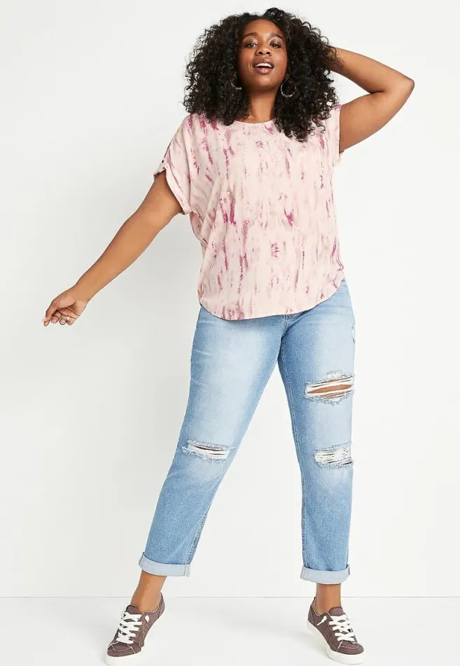 Women Plus Size Pink Tie Dye Zipper Back Blouse Maurices Plus Tops