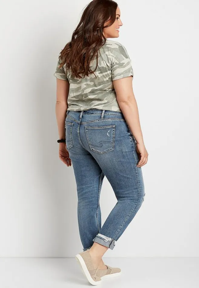 Women Plus Size Silver Jeans Co Dark Ripped Cuffed Boyfriend Jean Maurices Plus Jeans