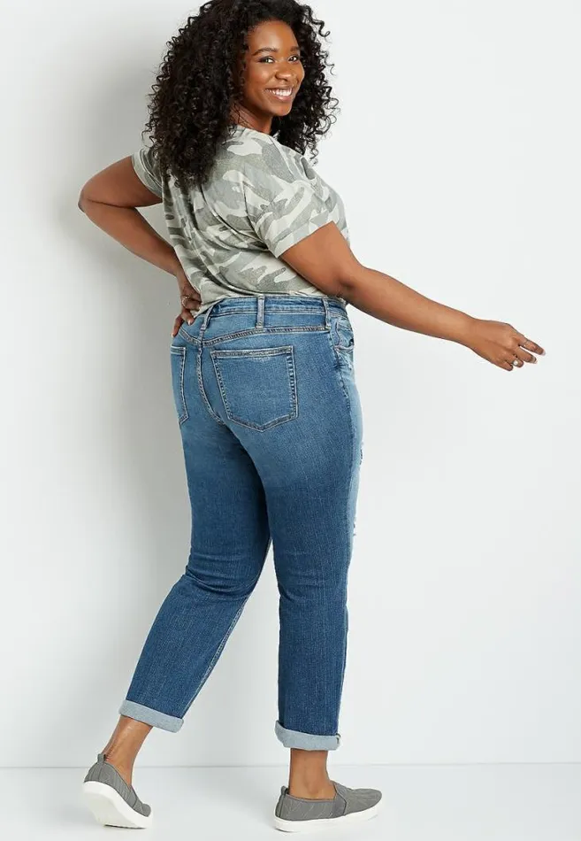 Women Plus Size Silver Jeans Co High Rise Back Destructed Rolled Girlfriend Jean Maurices Plus Jeans