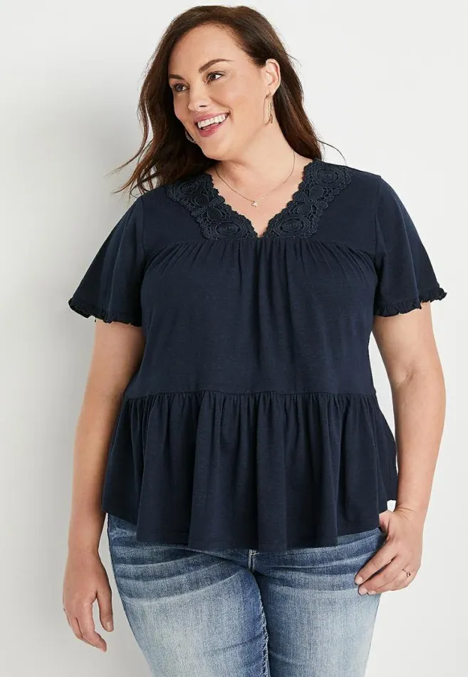 Women Plus Size Solid Lace Neck Babydoll Top Maurices Plus Tops