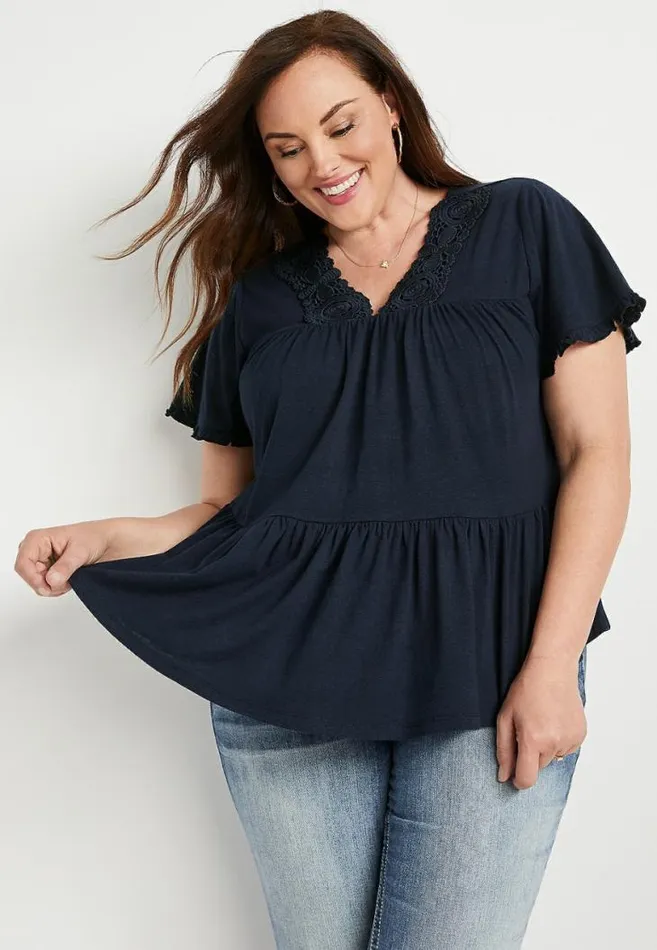 Women Plus Size Solid Lace Neck Babydoll Top Maurices Plus Tops