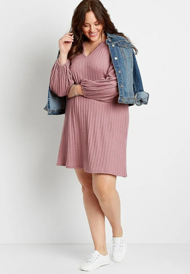 Women Plus Size Solid Ribbed Blouson Sleeve Shift Dress Maurices Plus Dresses and Jumpsuits