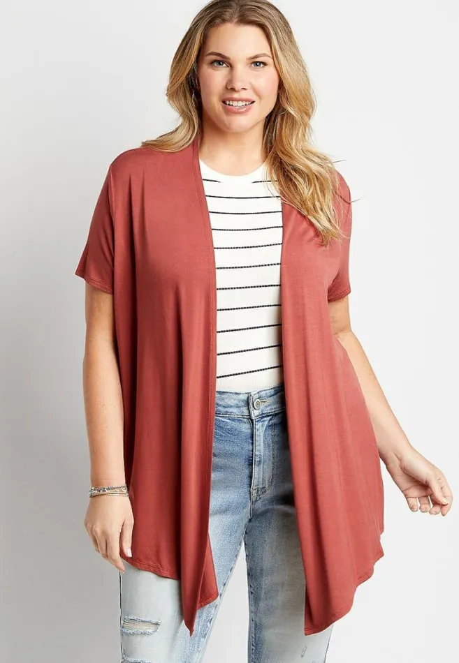 Women Plus Size Solid Short Sleeve Open Front Cardigan Maurices Plus Tops