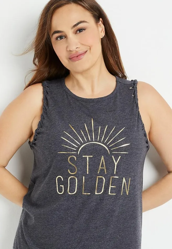 Women Plus Size Stay Golden Braided Arm Graphic Tank Top Maurices Plus Tops