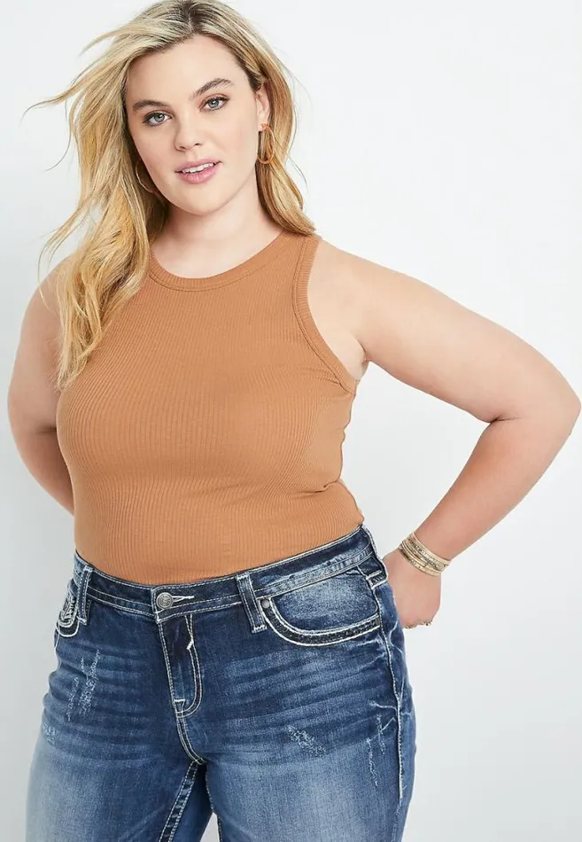 Women Plus Size Tan High Neck Fitted Ribbed Tank Top Maurices Plus Tops