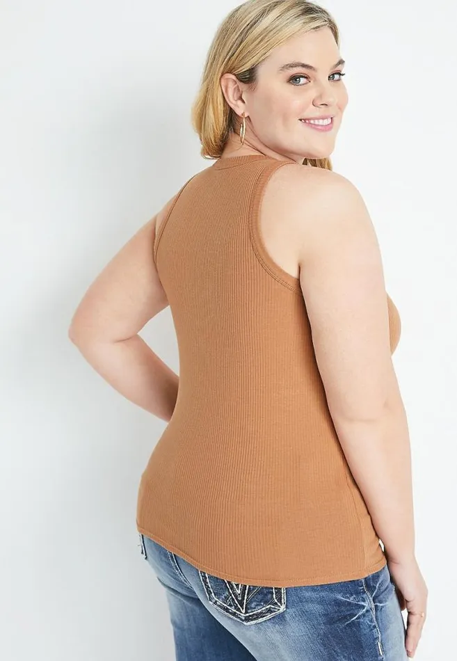 Women Plus Size Tan High Neck Fitted Ribbed Tank Top Maurices Plus Tops