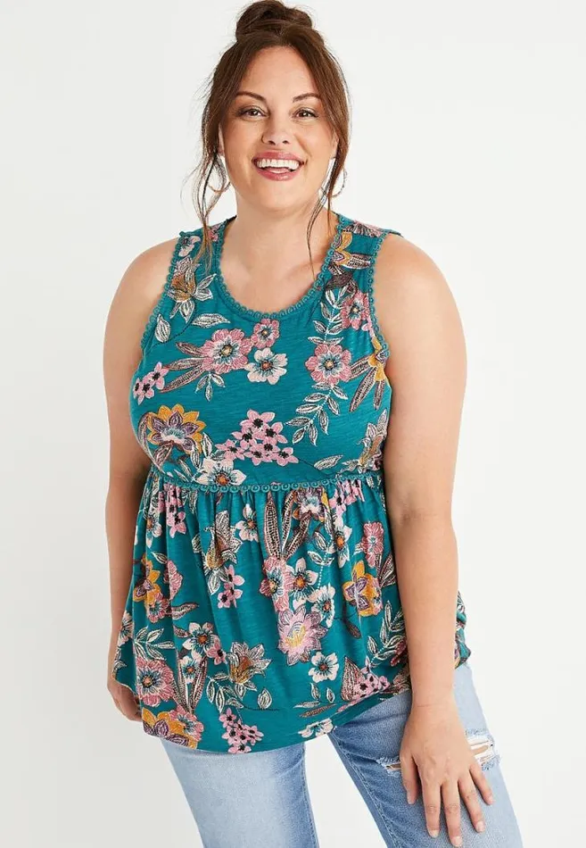 Women Plus Size Teal Floral Eyelet Trim Tank Top Maurices Plus Tops