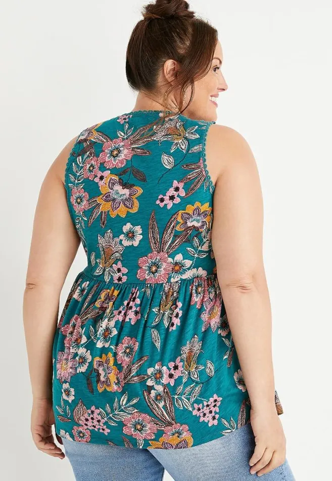 Women Plus Size Teal Floral Eyelet Trim Tank Top Maurices Plus Tops