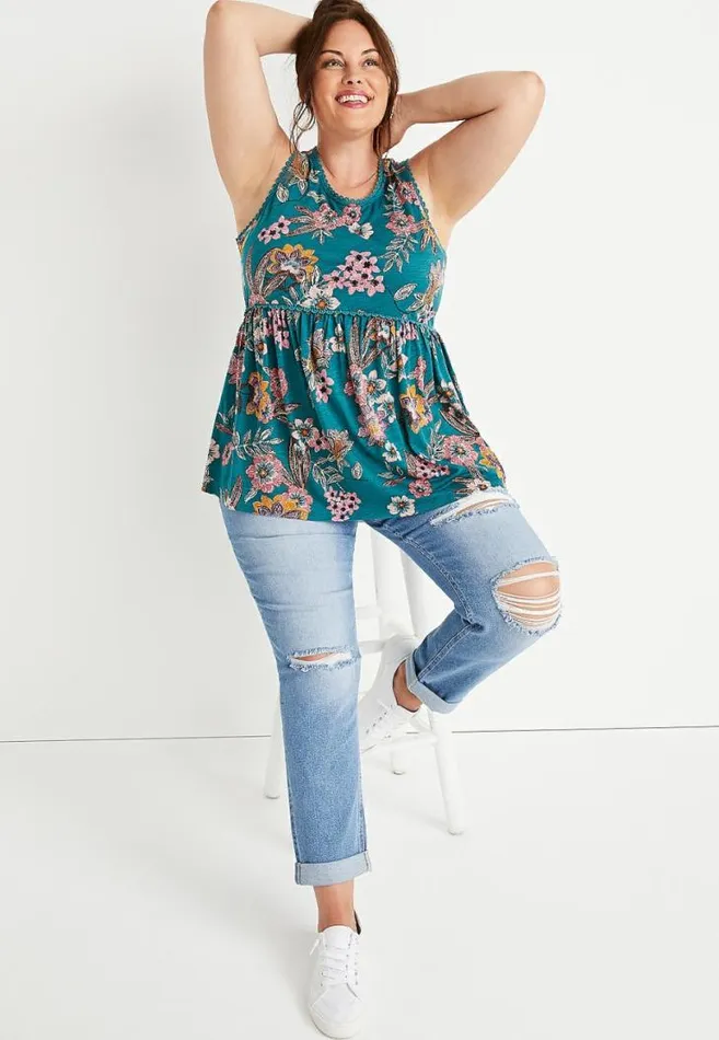 Women Plus Size Teal Floral Eyelet Trim Tank Top Maurices Plus Tops