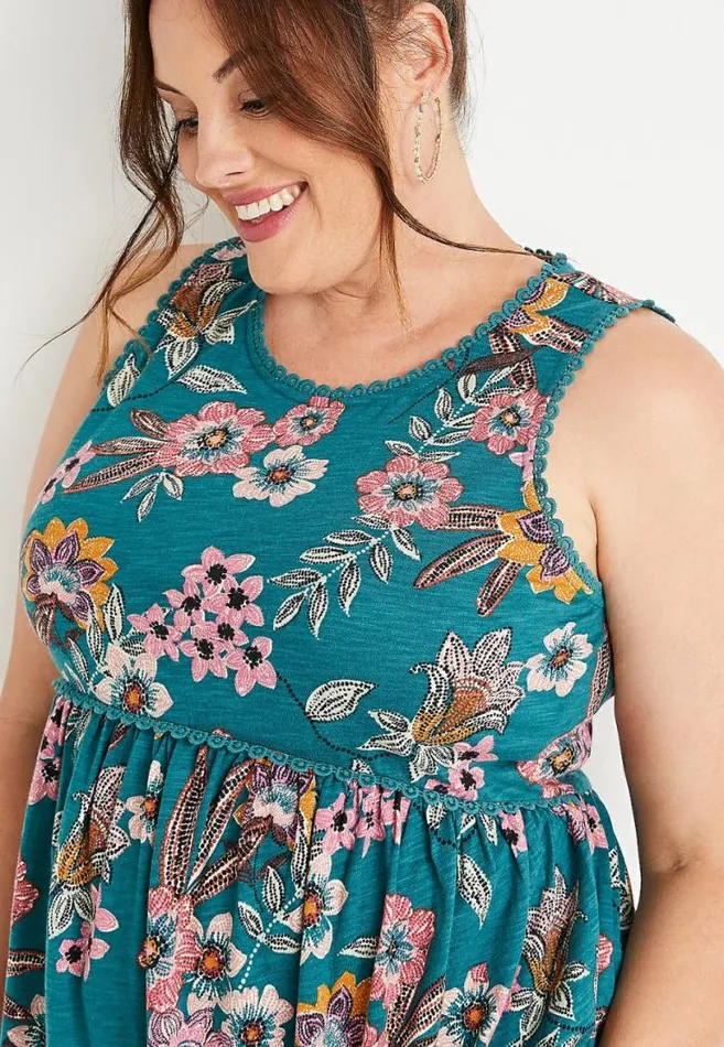 Women Plus Size Teal Floral Eyelet Trim Tank Top Maurices Plus Tops