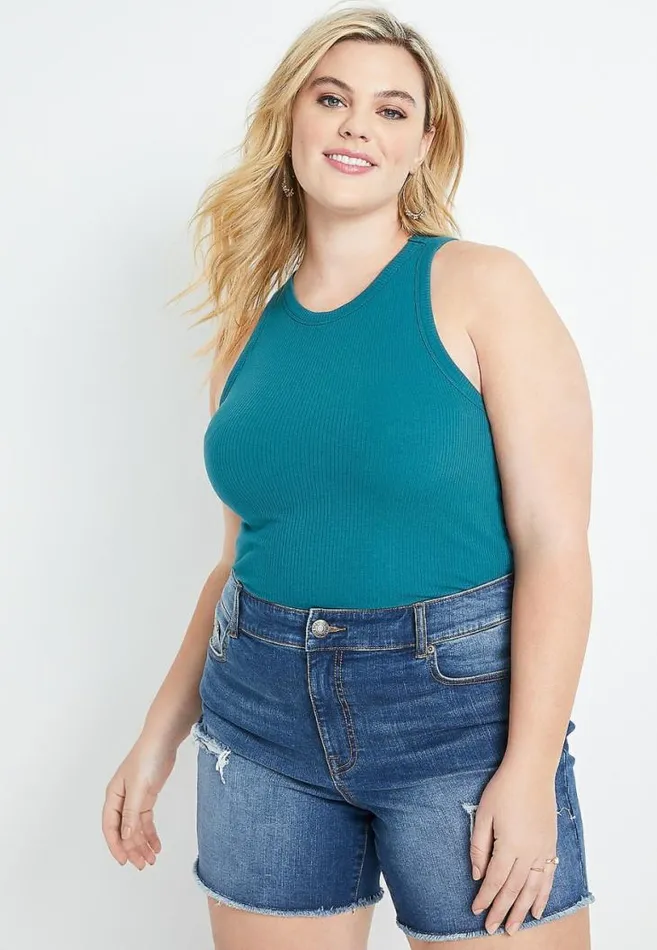 Women Plus Size Teal High Neck Fitted Ribbed Tank Top Maurices Plus Tops