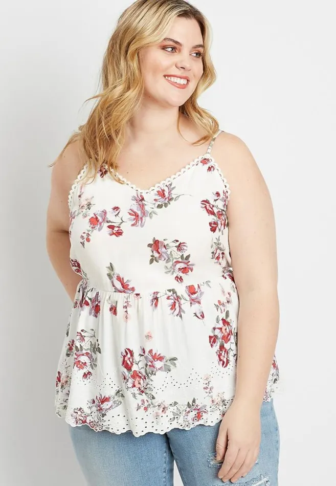 Women Plus Size White Floral Eyelet Peplum Tank Top Maurices Plus Tops