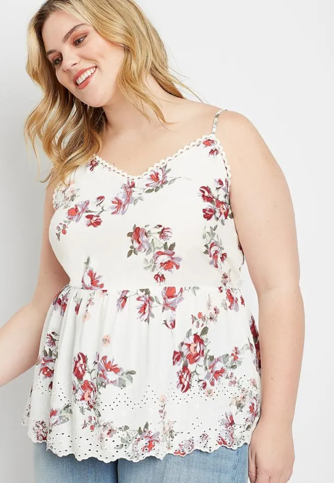 Women Plus Size White Floral Eyelet Peplum Tank Top Maurices Plus Tops