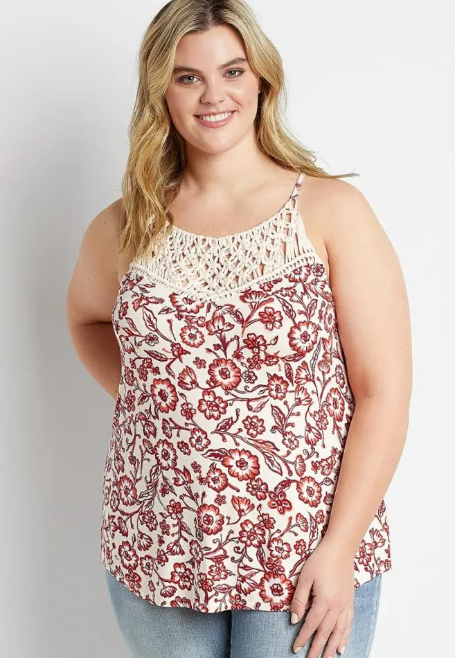 Women Plus Size White Floral Macrame Tank Top Maurices Plus Tops