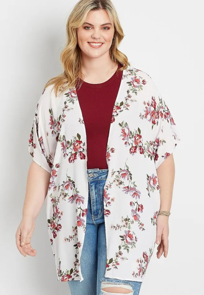 Women Plus Size White Floral Shirred Backed Kimono Maurices Plus Tops