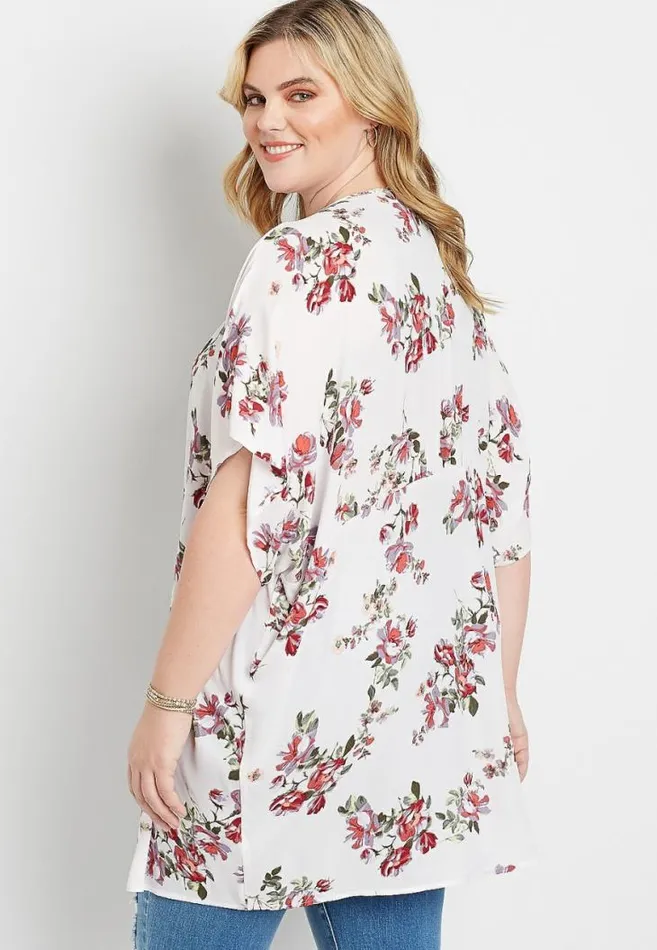 Women Plus Size White Floral Shirred Backed Kimono Maurices Plus Tops