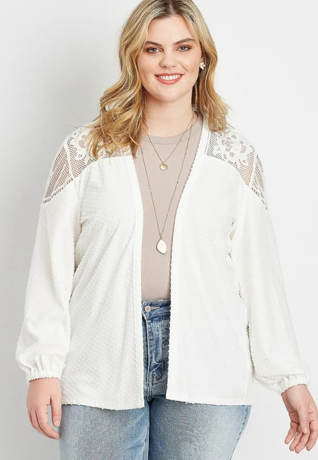 Women Plus Size White Lace Yoke Swiss Dot Open Front Cardigan Maurices Plus Tops