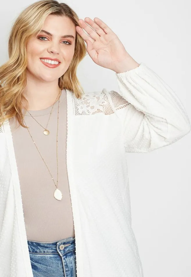 Women Plus Size White Lace Yoke Swiss Dot Open Front Cardigan Maurices Plus Tops