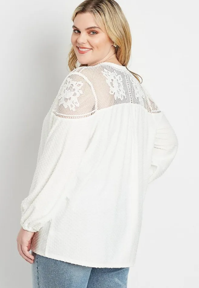 Women Plus Size White Lace Yoke Swiss Dot Open Front Cardigan Maurices Plus Tops