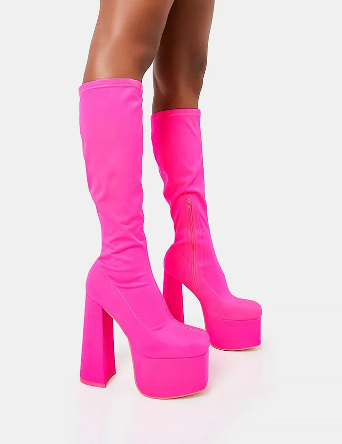 Women Polished Hot Pink Nylon Platform Rounded Square Toe Block Heeled Knee High Boots Pink Public Desire Party Women Polished Hot Pink Nylon Platform Rounded Square Toe Block Heeled Knee High Boots Pink Public Desire Party