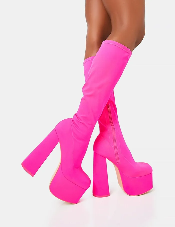 Women Polished Hot Pink Nylon Platform Rounded Square Toe Block Heeled Knee High Boots Pink Public Desire Party
