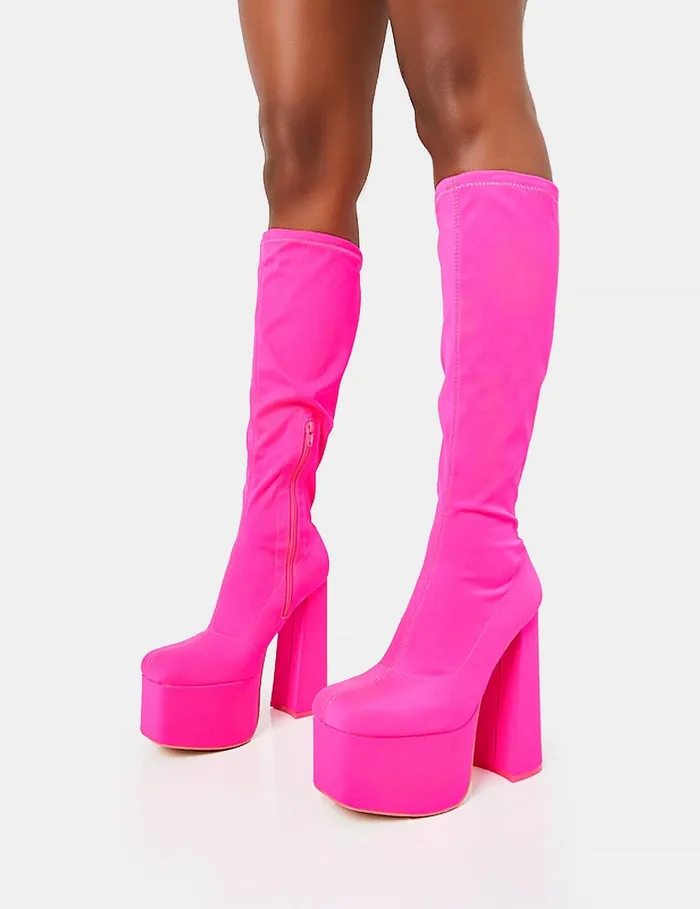 Women Polished Hot Pink Nylon Platform Rounded Square Toe Block Heeled Knee High Boots Pink Public Desire Party
