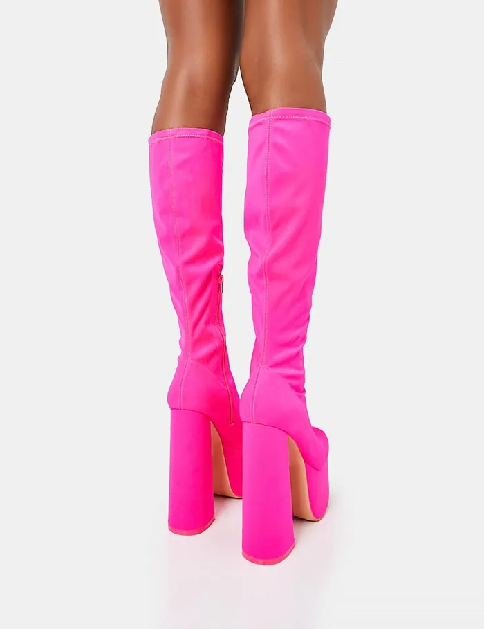 Women Polished Hot Pink Nylon Platform Rounded Square Toe Block Heeled Knee High Boots Pink Public Desire Party